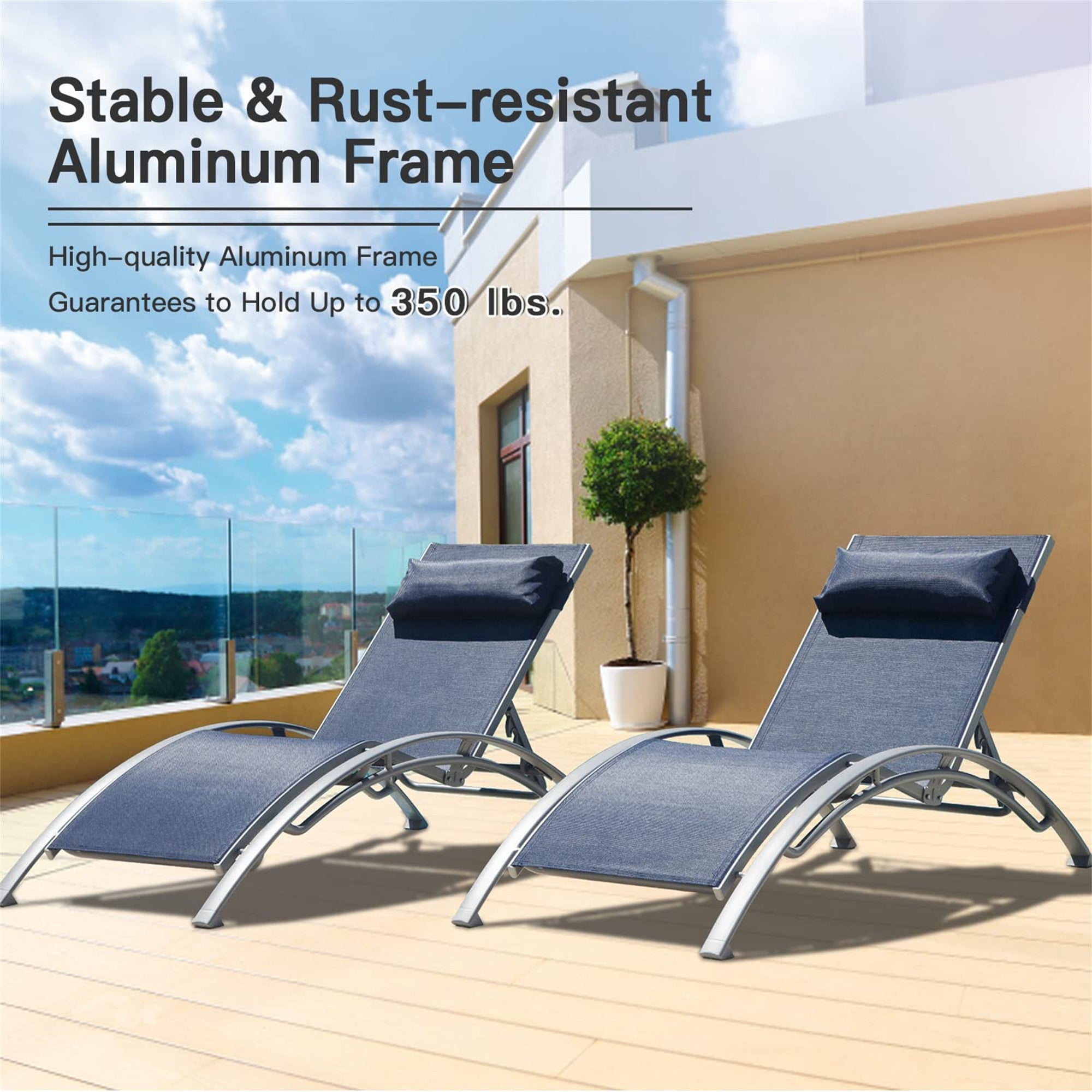 Outdoor Chaise Lounge Set of 2 Patio Recliner Chairs with Adjustable Backrest and Removable Pillow for Indoor&Outdoor Beach Pool Sunbathing Lawn (Blue,2 Lounge Chair) Doba
